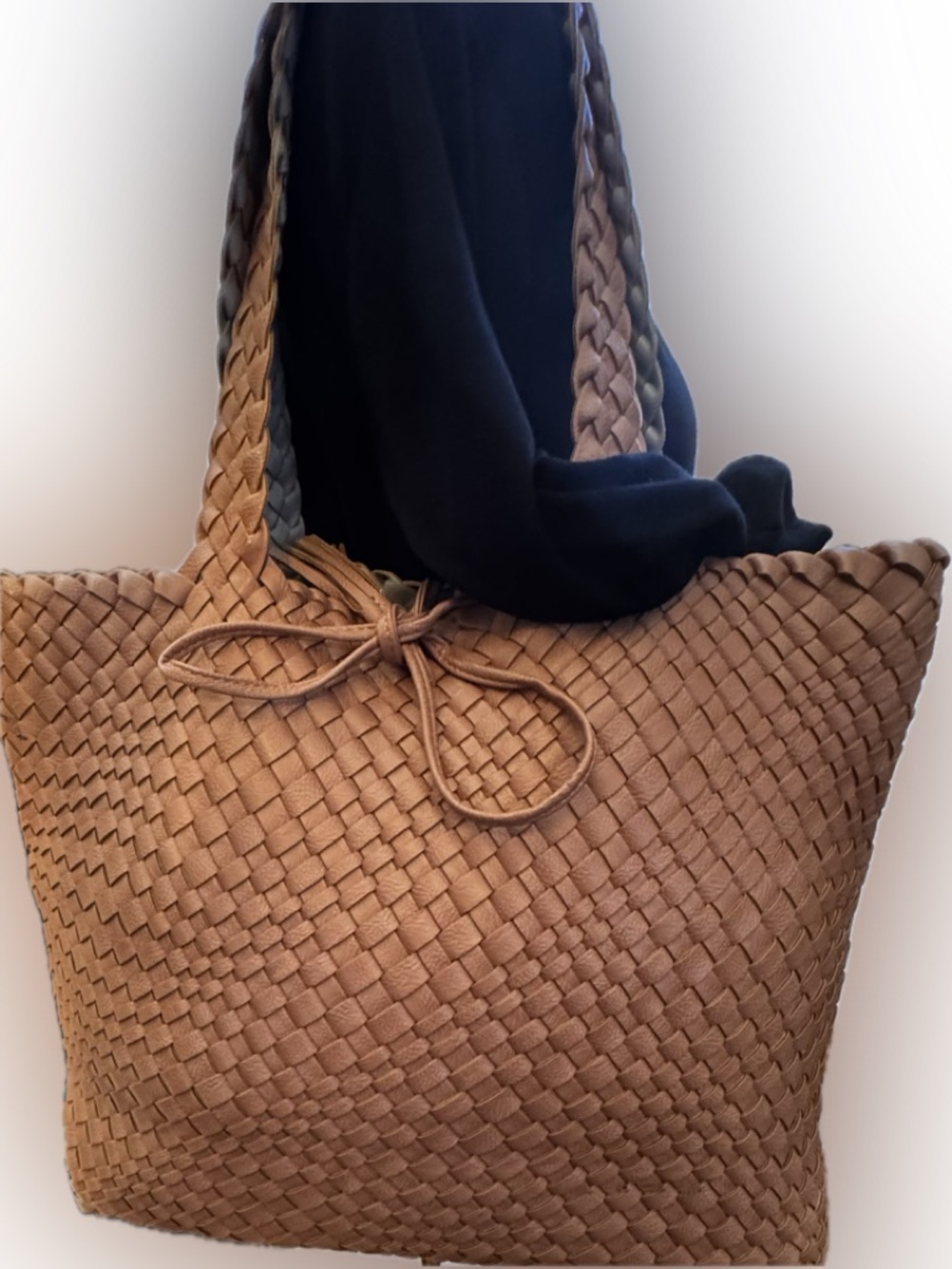 Braided Tote Bag in Dusty Rose with Gray Handles